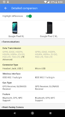 google search comparism between pixel 2 and pixel 2 xl