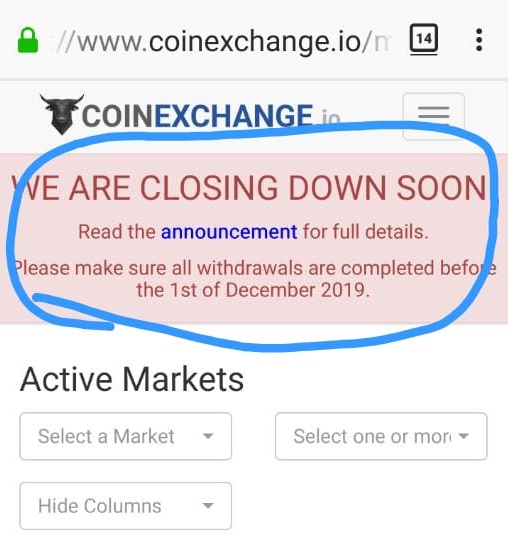 coinexchange shutting down
