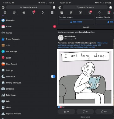 Facebook Lite dark mode